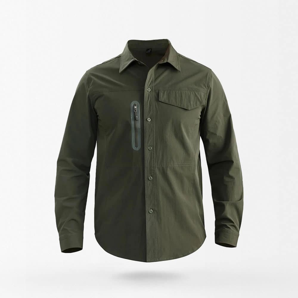 military button down shirt with zip pocket