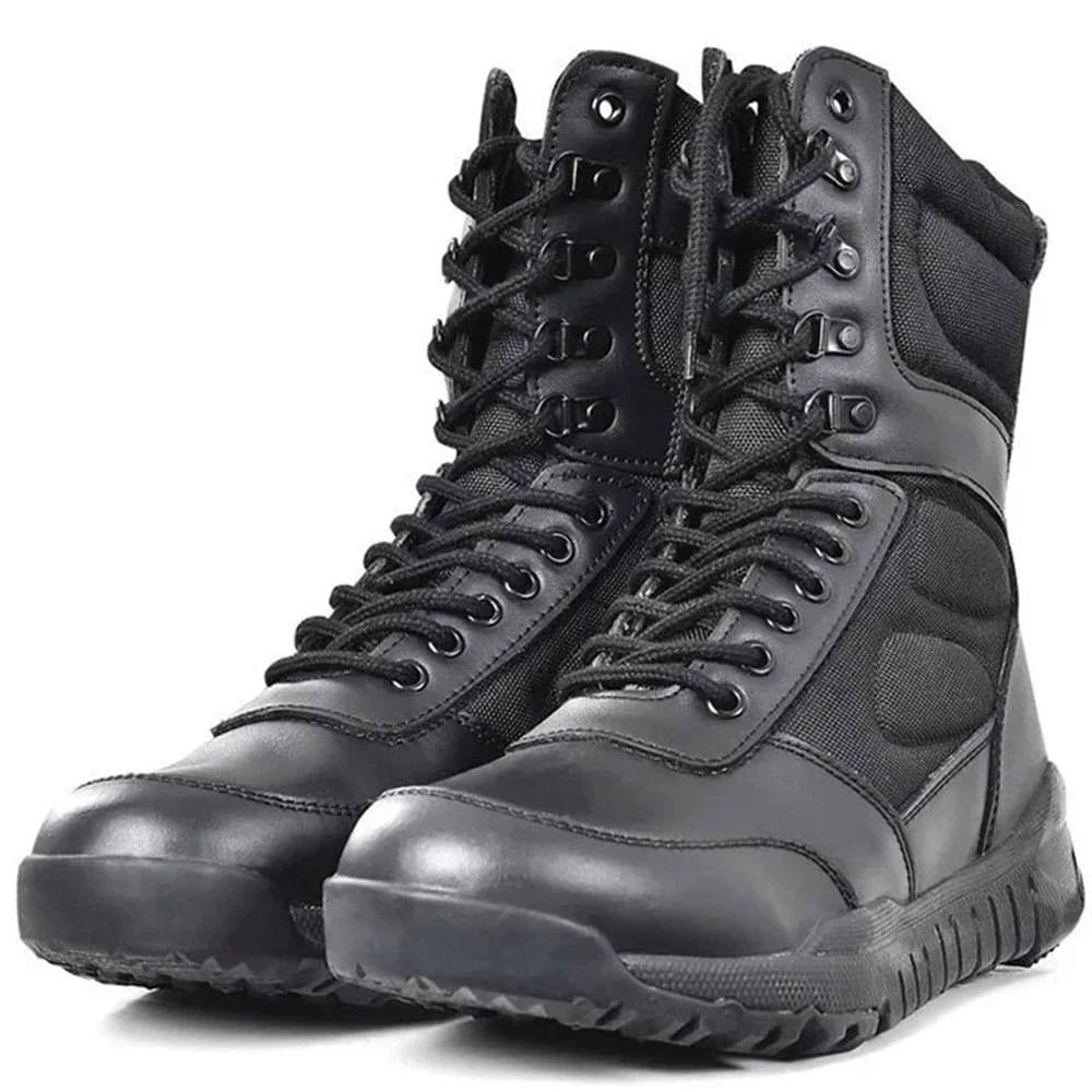 Black tactical leather boots with zipper