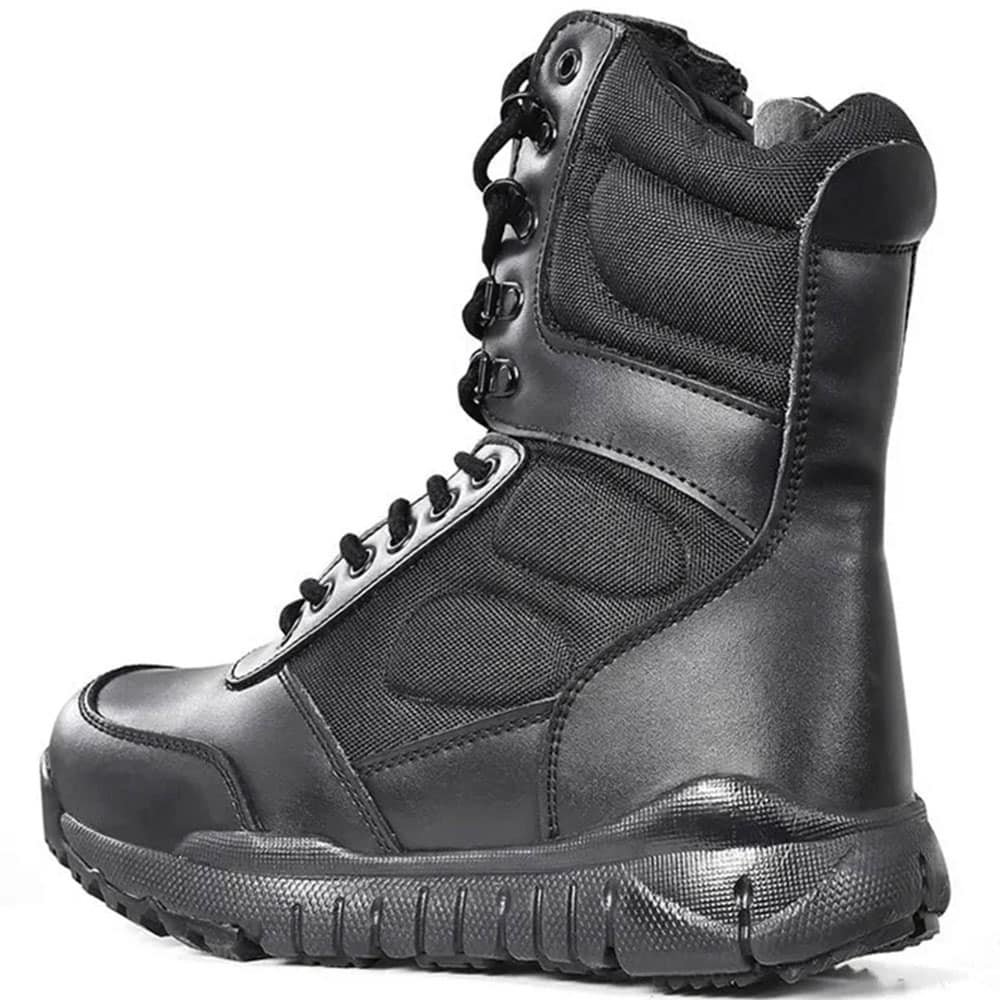 Black tactical leather boots with zipper
