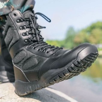 Black tactical leather boots with zipper