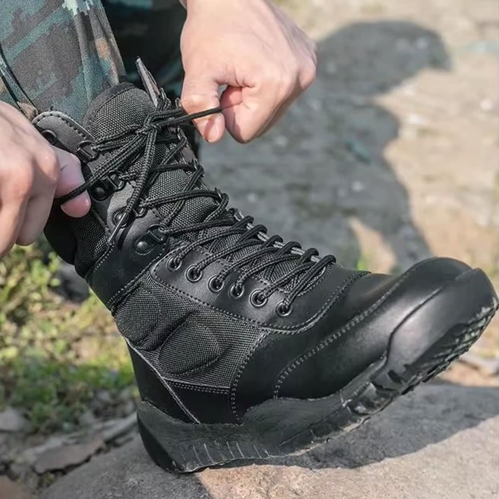 Black tactical leather boots with zipper