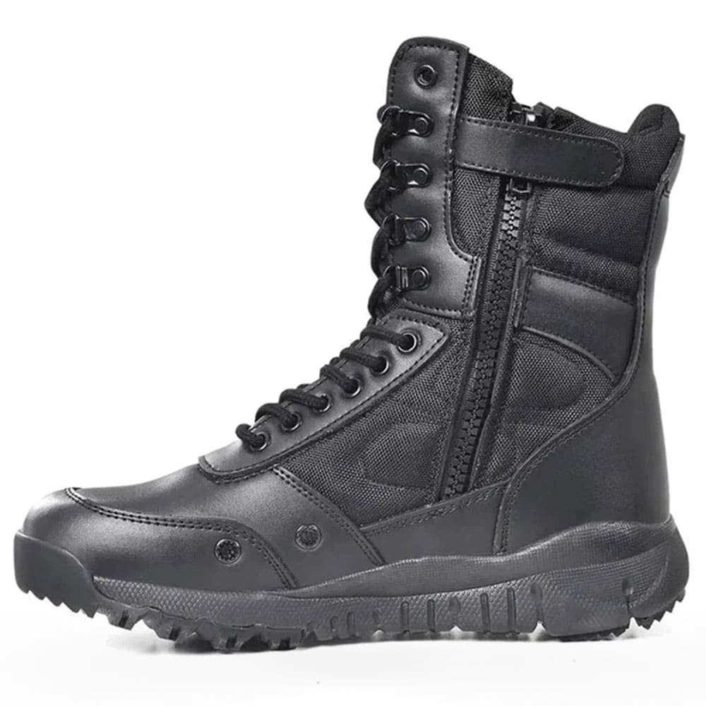 Black tactical leather boots with zipper