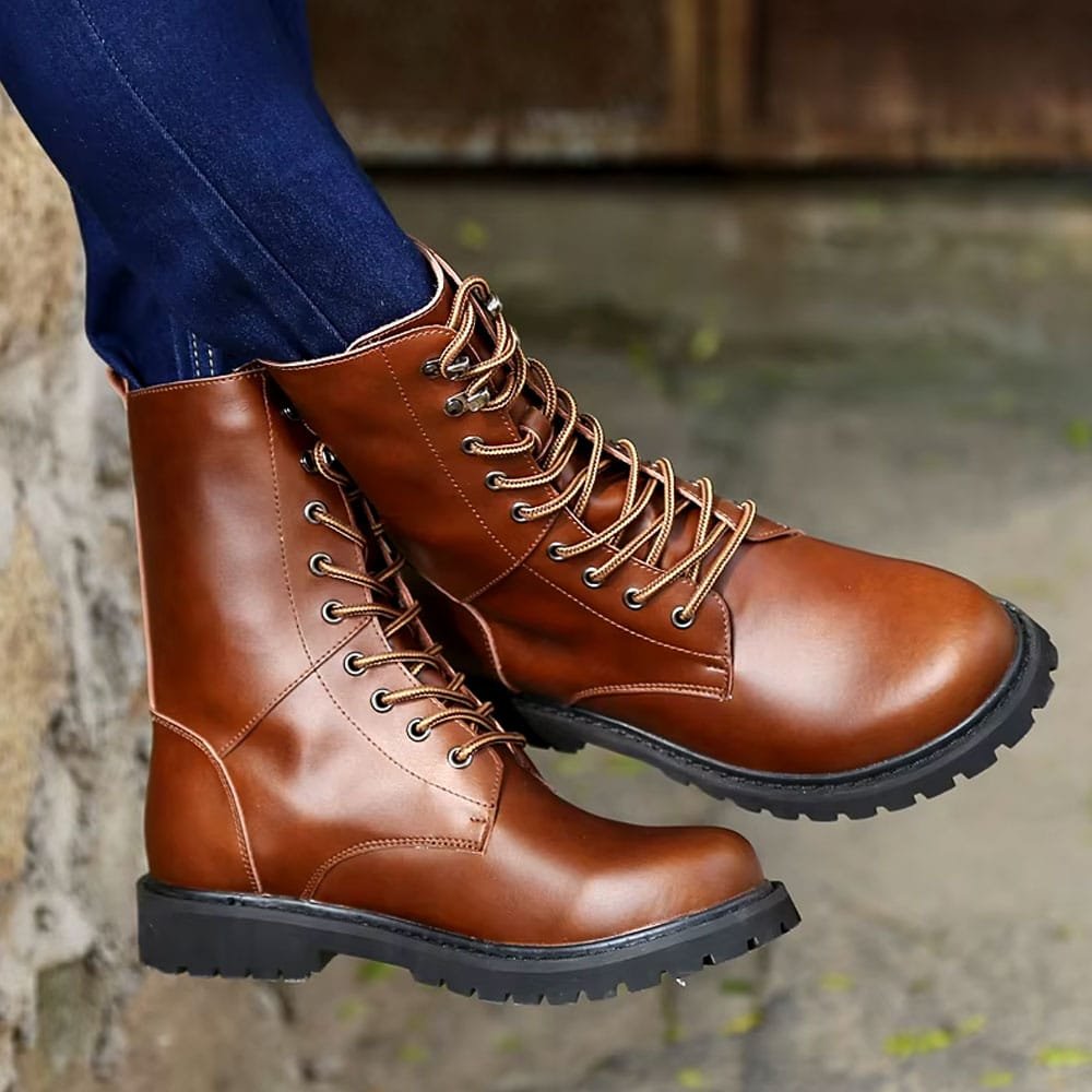 Brown leather combat boots