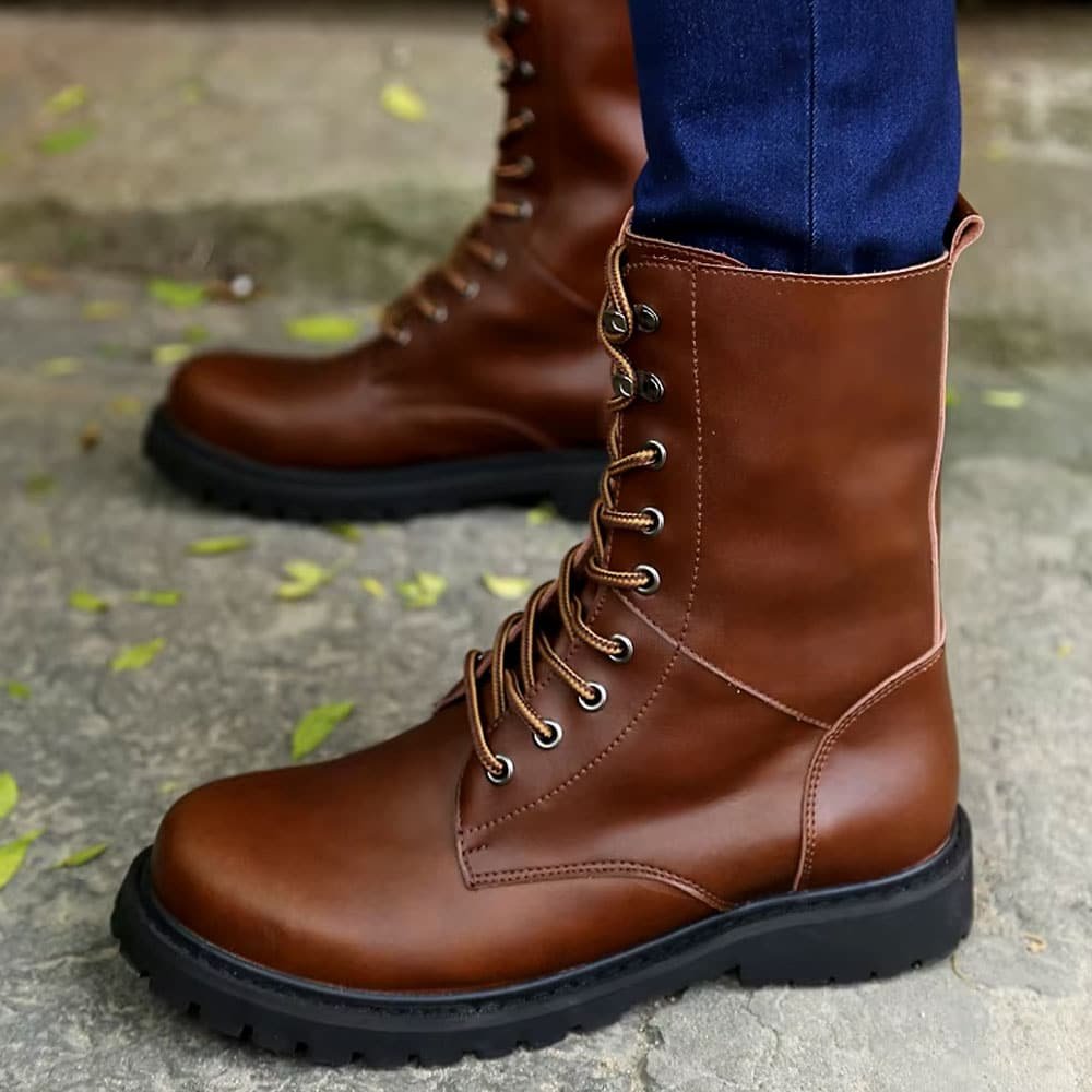 Brown leather combat boots