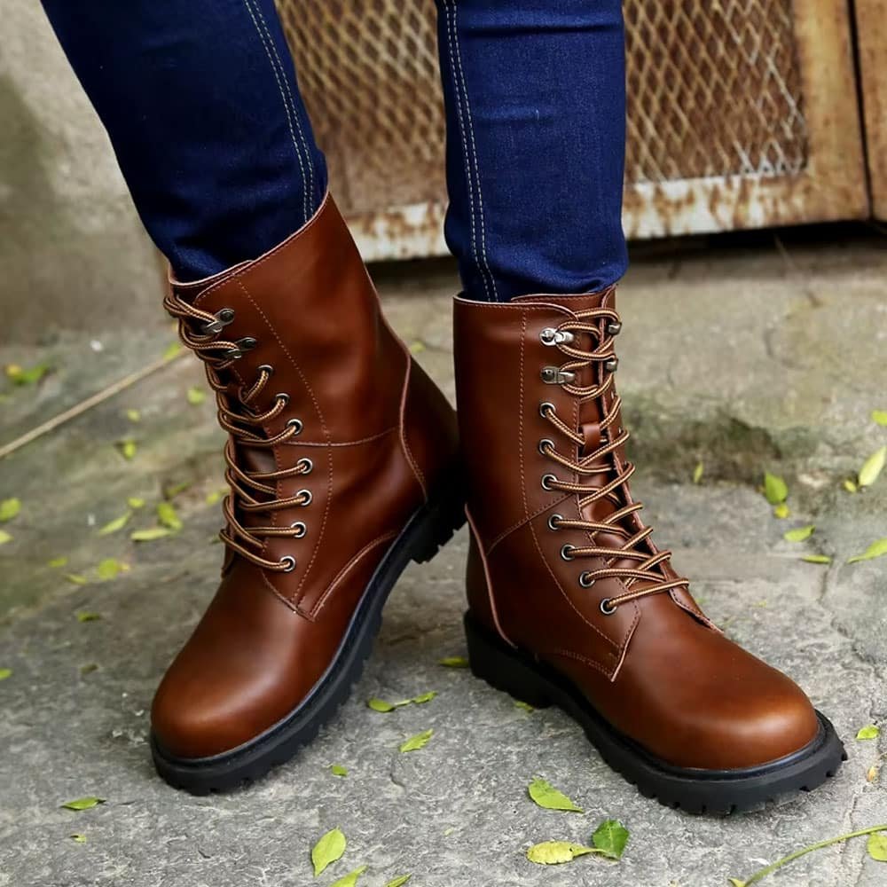 Brown leather combat boots