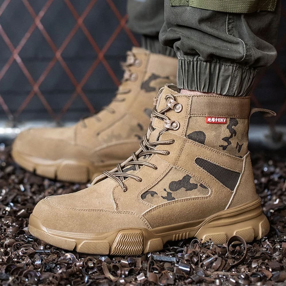 Safety toe military tan boots mid-height