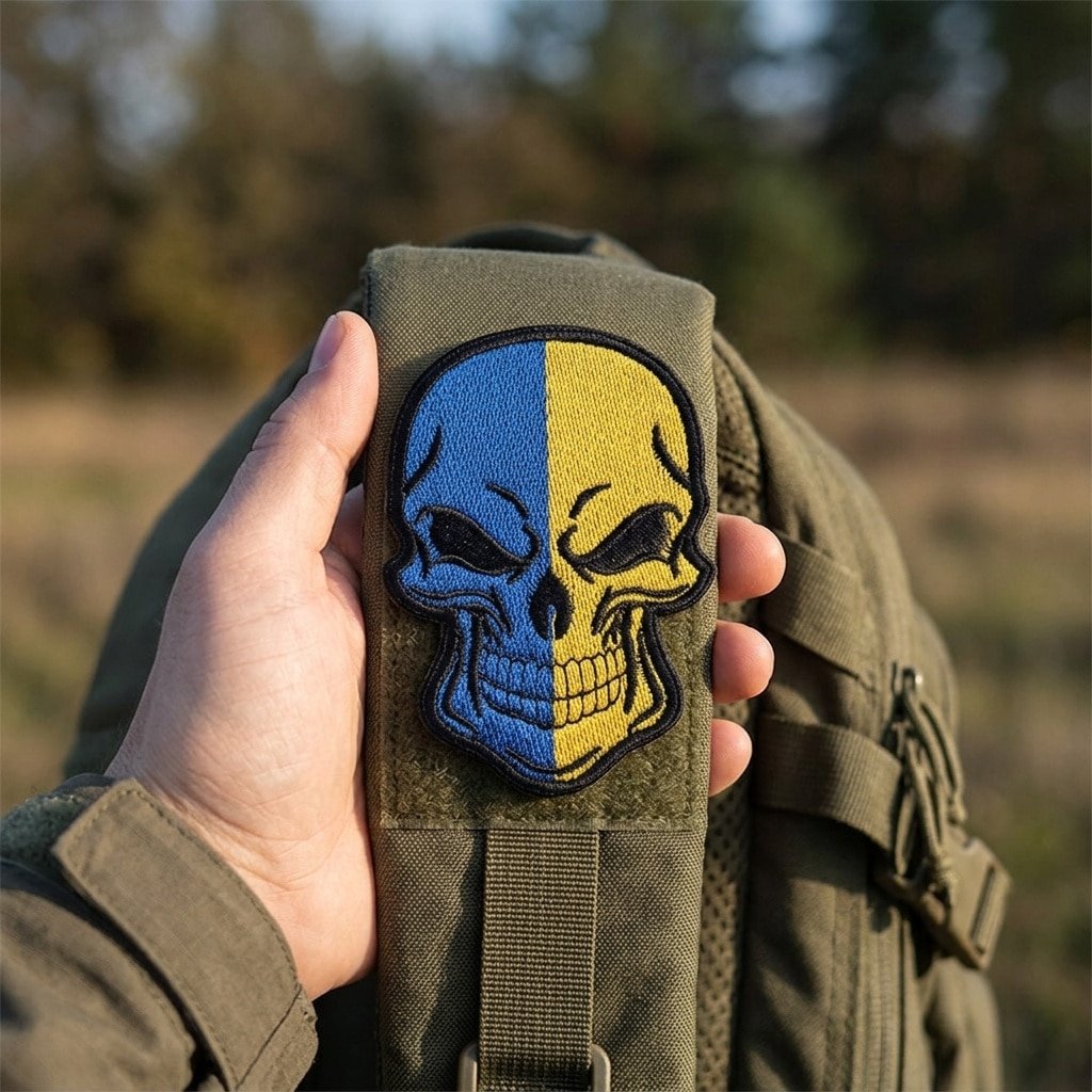Shaped Ukrainian Flag Skull Patch